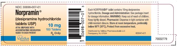 NDC 30698-007-01

Norpramin® 
(desipramine hydrochloride
tablets USP) 

10mg
100 Tablets
