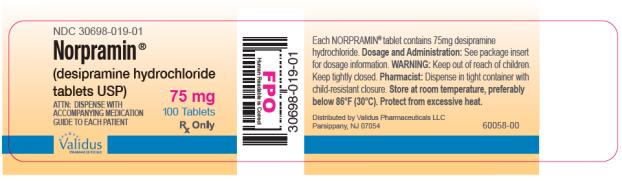 NDC 30698-019-01

Norpramin® 
(desipramine hydrochloride
tablets USP) 

75 mg
100 Tablets

