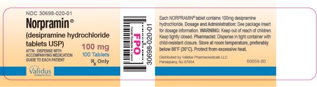 NDC 30698-020-01

Norpramin® 
(desipramine hydrochloride
tablets USP) 

100 mg
100 Tablets
