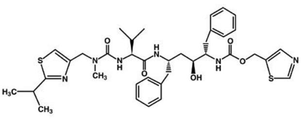 The following structural formula for Ritonavir is chemically designated as 10-Hydroxy-2-methyl-5-(1-methylethyl)-1- [2-(1-methylethyl)-4-thiazolyl]-3,6-dioxo-8,11-bis(phenylmethyl)-2,4,7,12- tetraazatridecan-13-oic acid, 5-thiazolylmethyl ester, [5S-(5R*,8R*,10R*,11R*)]. Its molecular formula is C37H48N6O5S2, and its molecular weight is 720.95. 