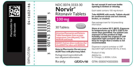 NDC 0074-3333-30 
Norvir®
Ritonavir Tablets 100 mg 30 Tablets 
Attention Pharmacists and Patients: Tablet formulation. Store at room temperature (see side panel). Take NORVIR with meals. 
ALERT: Find out about medicines that should NOT be taken with NORVIR. 
Note to Pharmacist: Do not cover ALERT box with pharmacy label.
Package insert is provided with tear-off patient information. 
Rx only abbvie 
