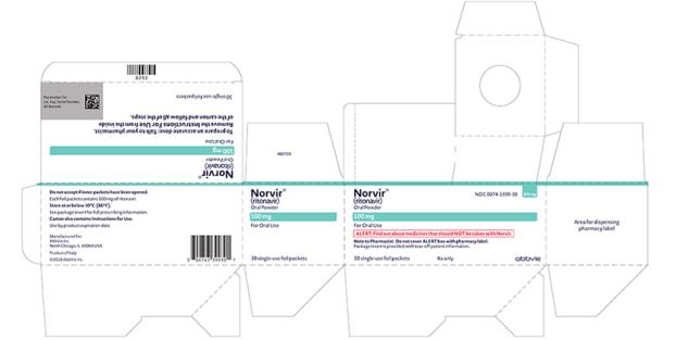 NDC 0074-3399-30 
Norvir®
(ritonavir) Oral Powder 100 mg 
For Oral Use 
ALERT: Find out about medicines that should NOT be taken with Norvir. 
Note to Pharmacist: Do not cover ALERT box with pharmacy label.
Package insert is provided with tear-off patient information. 
30 single-use foil packets 
Rx only abbvie 
