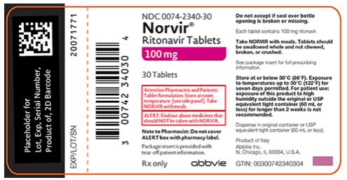 NDC 0074-2340-30 
Norvir®
Ritonavir Tablets 100 mg 30 Tablets 
Attention Pharmacists and Patients: Tablet formulation. Store at room temperature (see side panel). Take NORVIR with meals. 
ALERT: Find out about medicines that should NOT be taken with NORVIR. 
Note to Pharmacist: Do not cover ALERT box with pharmacy label.
Package insert is provided with tear-off patient information. 
Rx only abbvie
