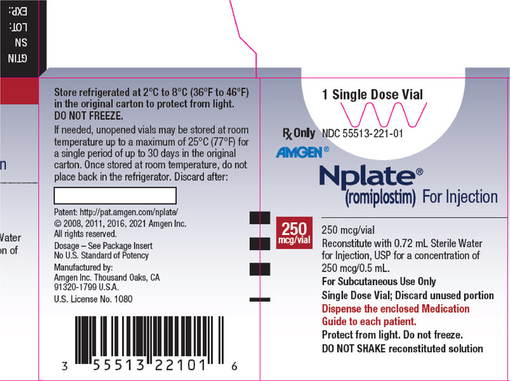 Principal Display Panel Single Dose Vial Rx Only NDC 55513-221-01 Amgen® Nplate® (romiplostim) 250 mcg* 250 mcg* *Reconstitute with 0.72 mL Sterile Water for Injection, USP. Delivers 250 mcg in 0.5 mL For Subcutaneous Use Only Single Dose Vial; Discard unused portion Dispense the enclosed Medication Guide to each patient. Store at 2 to 8C (36 to 46F). Protect from light.  Do not freeze. DO NOT SHAKE reconstituted solution