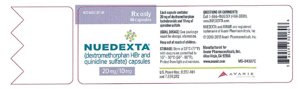 PRINCIPAL DISPLAY PANEL NDC 64597-301-60 NUEDEXTA (dextromethorphan HBr and quinidine sulfate) capsules 20 mg/ 10 mg 60 capsules Rx Only