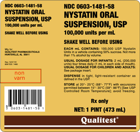 This is the 473mL label for the Nystatin Oral Suspension, USP.