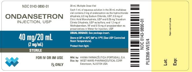 NDC 0143-9890-01 ONDANSETRON INJECTION, USP 40 mg/20 mL (2 mg/mL) STERILE FOR IV OR IM USE Rx ONLY 20 mL Multiple Dose Vial Each 1 mL of aqueous solution in the 20 mL multidose vial contains 2 mg of ondansetron as the hydrochloride dihydrate; 8.3 mg of Sodium Chloride, USP; 0.5 mg of Citric Acid Monohydrate, USP and 0.25 mg Trisodium Citrate Dihydrate, USP as buffers; and 1.2 mg of Methylparaben, NF and 0.15 mg of propylparaben as preservatives in Water for Injection, USP. USUAL DOSAGE: See package insert. Store at 20º to 25ºC (68º to 77ºF) [See USP Controlled Room Temperature]. Protect from light.