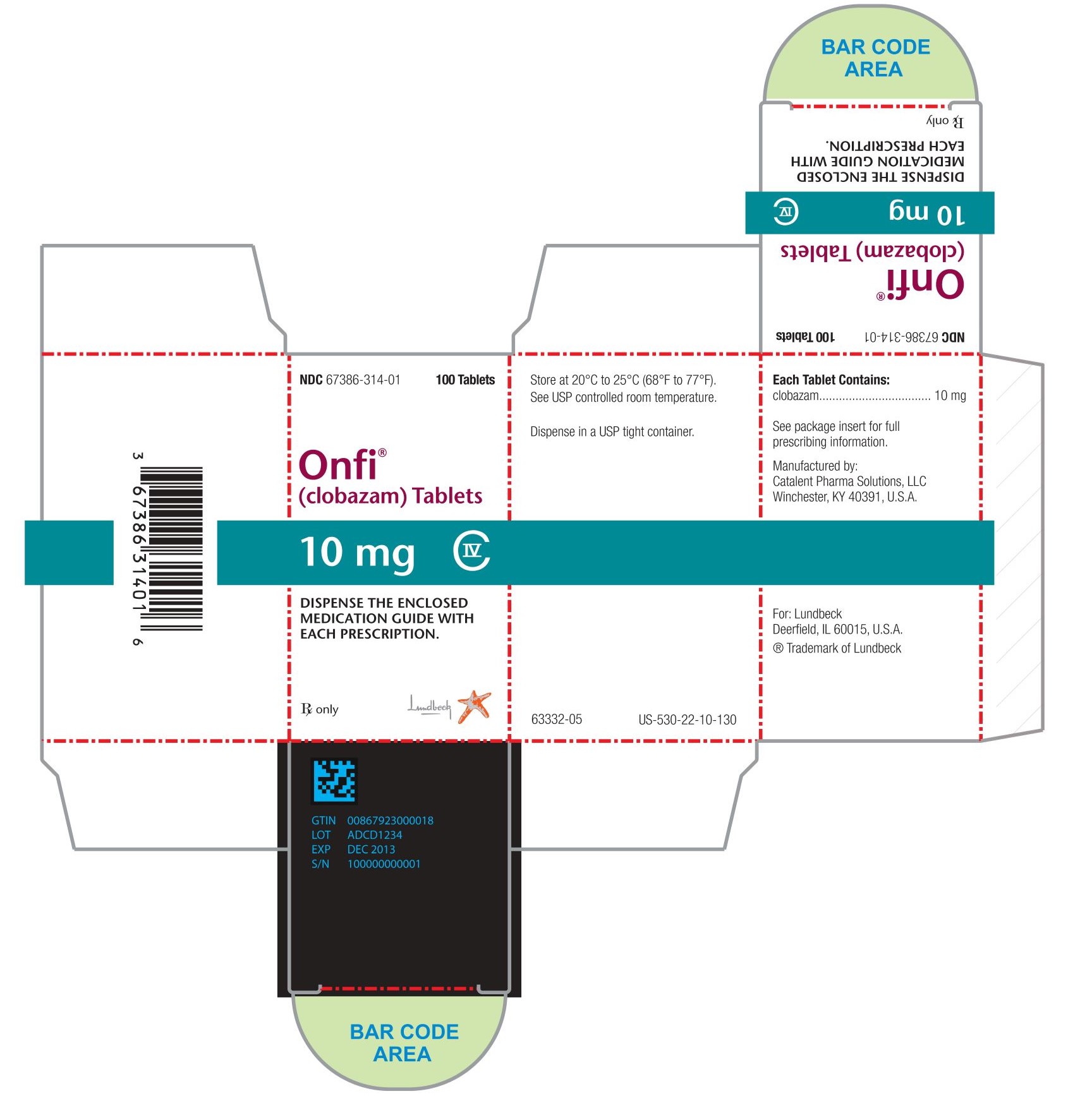 NDC 67386-314-01 100 Tablets Onfi® (clobazam) Tablets 10 mg C-IV DISPENSE THE ENCLOSED MEDICATION GUIDE WITH EACH PRESCRIPTION. Rx only