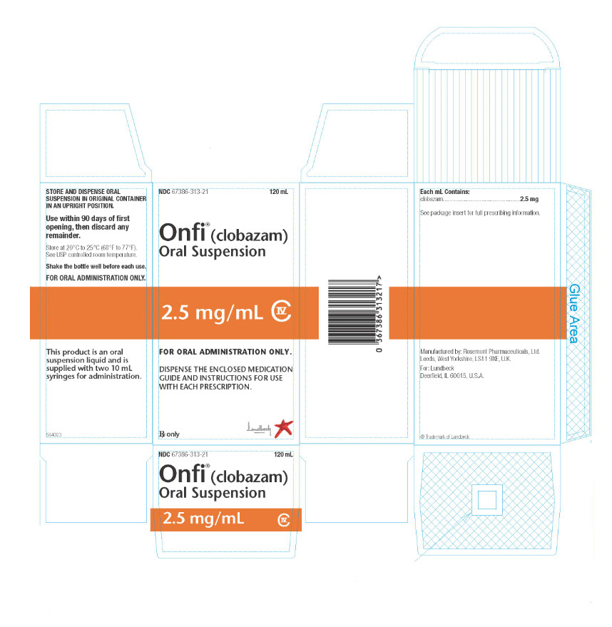 NDC 67386-313-21 120 mL Onfi® (clobazam) Oral Suspension 2.5 mg/mL C-IV FOR ORAL ADMINISTRATION ONLY. DISPENSE THE ENCLOSED MEDICATION GUIDE AND INSTRUCTIONS FOR USE WITH EACH PRESCRIPTION. Rx only