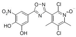 ONGENTYS contains opicapone, a peripheral, selective and reversible catechol-O-methyltransferase (COMT) inhibitor.  The chemical name of opicapone is 2,5-dichloro-3-(5-(3,4-dihydroxy-5-nitrophenyl)-1,2,4-oxadiazol-3-yl)-4,6-dimethylpyridine-1-oxide with the following structure: 