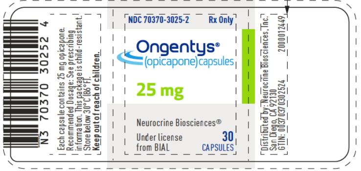 PRINCIPAL DISPLAY PANEL
NDC 70370-3025-2
Ongentys®
(opicapone) capsules
25 mg
30 Capsules
Rx only
