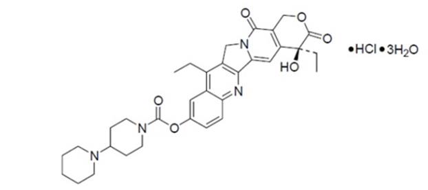 ONIVYDE is formulated with irinotecan hydrochloride trihydrate, a topoisomerase inhibitor, into a liposomal dispersion for intravenous use. The chemical name of irinotecan hydrochloride trihydrate is 