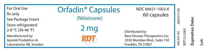Orfadin (nitisinone) capsules 2 mg bottle label 60 capsules.