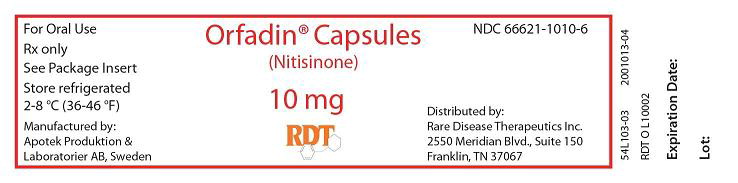 Orfadin (nitisinone) capsules 10 mg bottle label 60 capsules.
