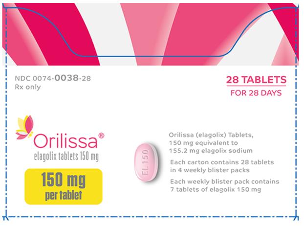 NDC 0074-0038-28
Rx only
28 TABLETS
FOR 28 DAYS
Orilissa®
elagolix tablets 150 mg
150 mg per tablet
Orilissa (elagolix) Tablets,
150 mg equivalent to 155.2 mg elagolix sodium
Each carton contains 28 tablets in 4 weekly blister packs
Each weekly blister pack contains 7 tablets of elagolix 150 mg
