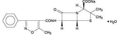 The structural formula of oxacillin sodium.