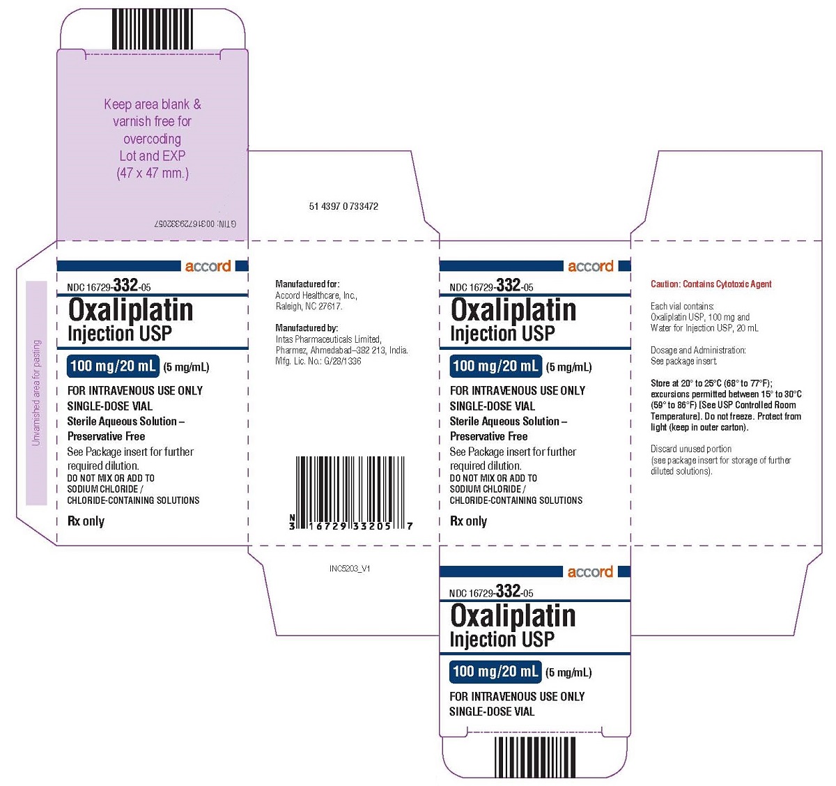 oxaliplatin Injection, USP 100 mg/20 mL (5 mg/mL)-single-dose vial-Carton