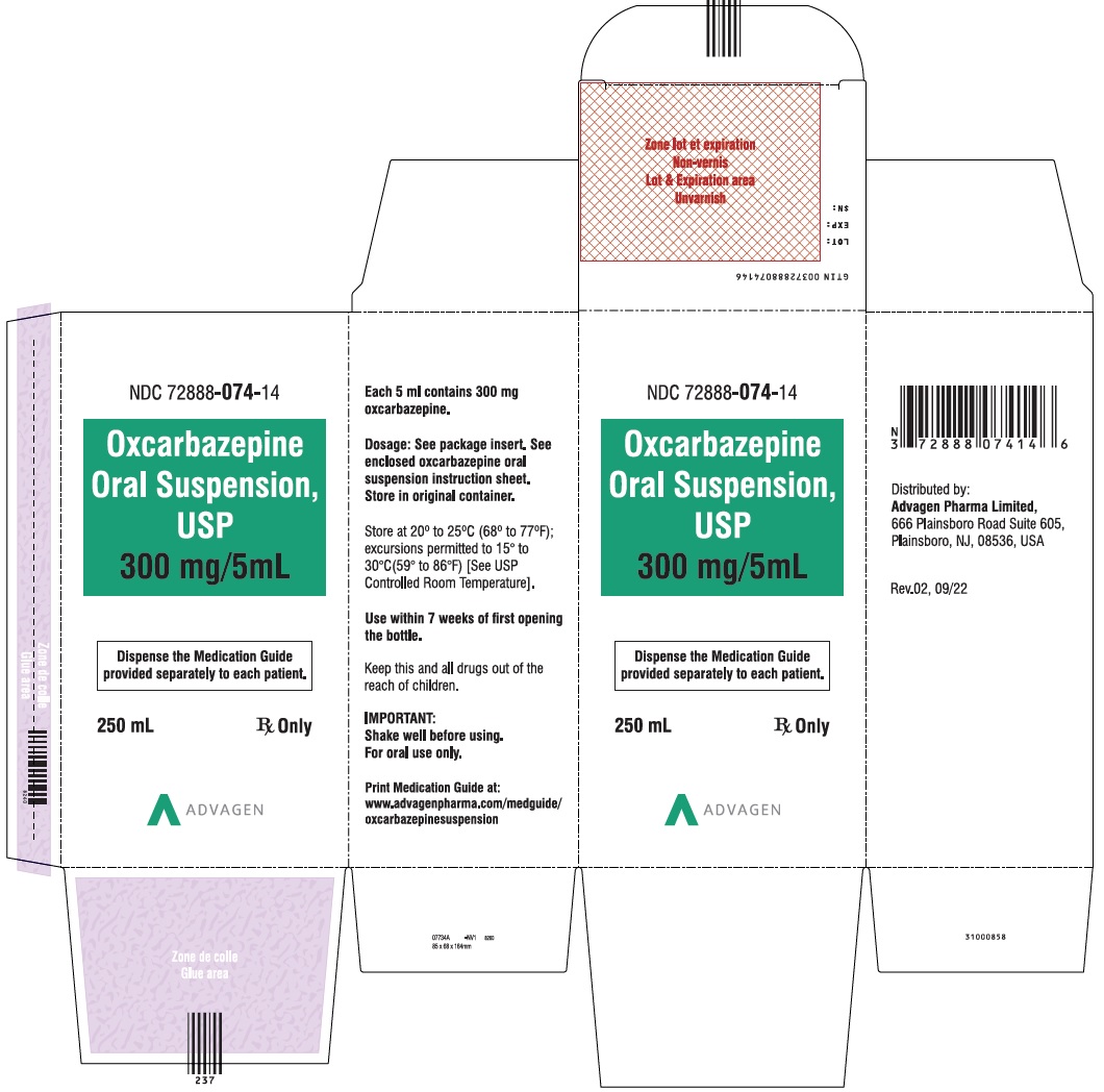 Oxcarbazepine 300 mg/5 mL Oral Suspension - NDC 72888-074-14 - Carton Label