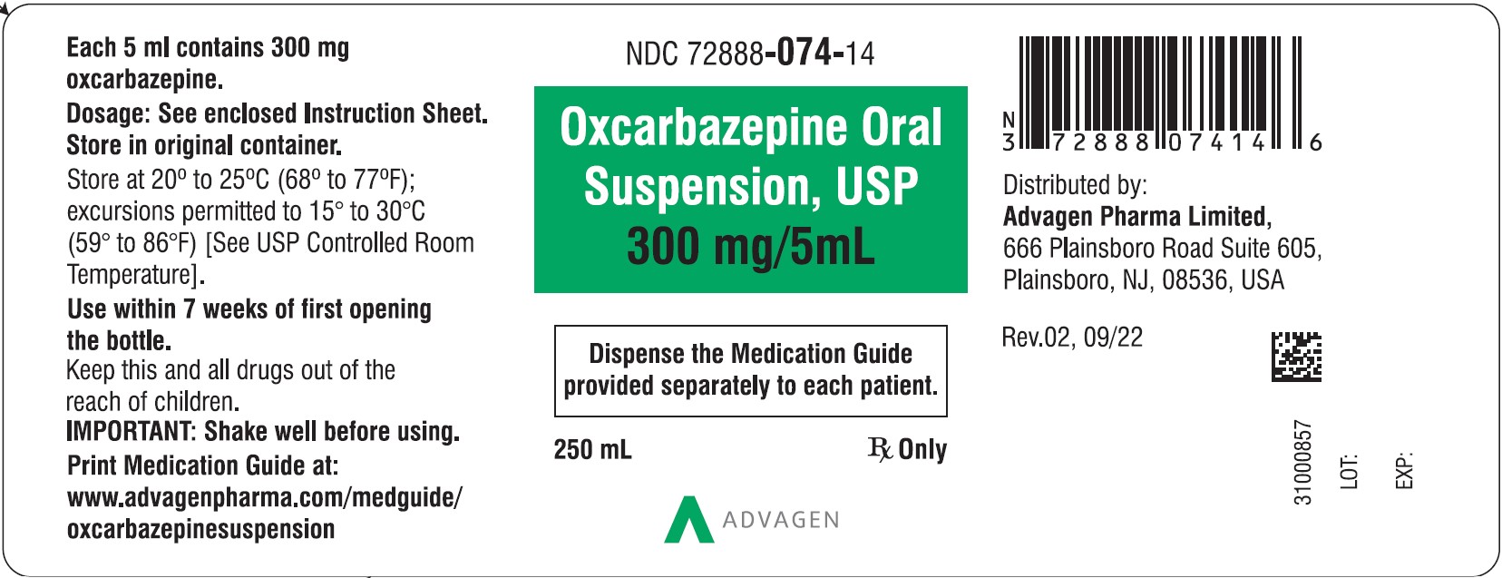 Oxcarbazepine 300 mg/5 mL Oral Suspension - NDC 72888-074-14 - Carton Label
