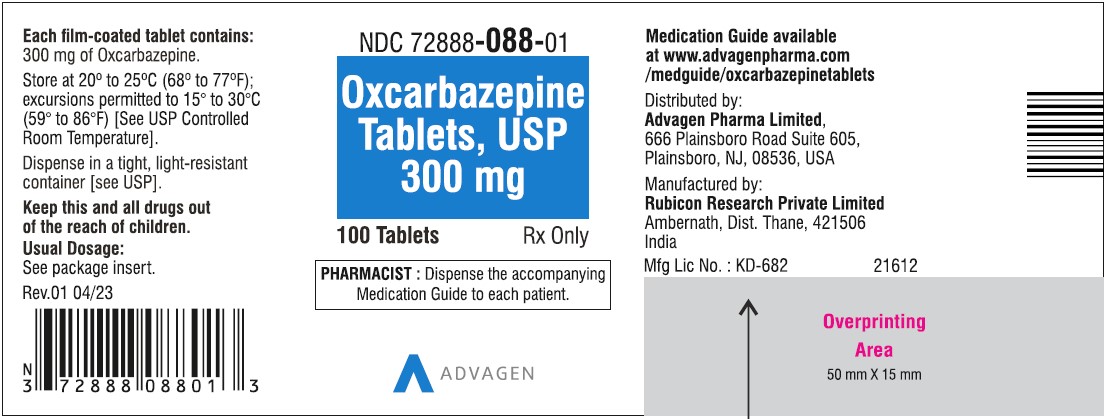 Oxcarbazepine Tablets, USP - 300mg - 100's Tablets - NDC 72888-088-01