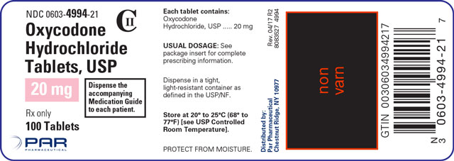 Image sample of the label for Oxycodone Hydrochloride Tablets, USP 20 mg 100 Tablets.