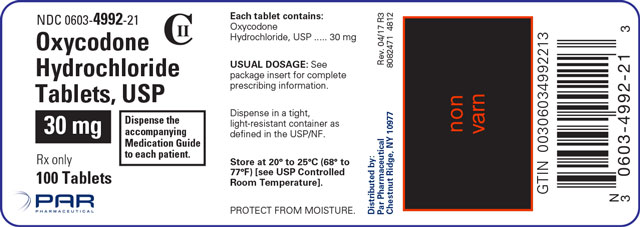 Image sample of the label for Oxycodone Hydrochloride Tablets, USP 30 mg 100 Tablets.