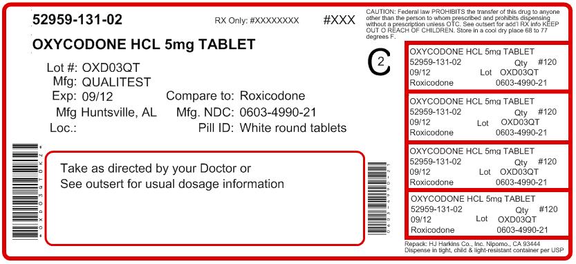 This is an image of the label for Oxycodone Hydrochloride-5 mg-100 count. 