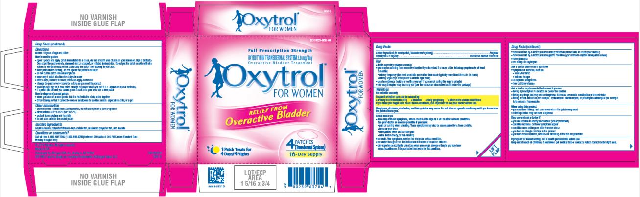 NDC 0023-9637-04
Full Prescription Strength
OXYBUTYNIN TRANSDERMAL SYSTEM 3.9 mg/day
Overactive Bladder Treatment
Oxytrol®
FOR WOMEN
RELIEF FROM
Overactive Bladder
1 Patch Treats for
4 Days/4 Nights

4 PATCHES
(Transdermal Systems)
16-Day Supply
