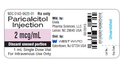 NDC 0143-9625-01 Rx only Paricalcitol Injection 2 mcg/mL Discard unused portion 1 mL Single Dose Vial For Intravenous Use Only