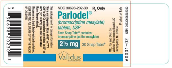 PRINCIPAL DISPLAY PANEL NDC 30698-202-30 Parlodel® (bromocriptine mesylate) tablets, USP 2 ½ mg 30 Snap Tabs® Rx Only 