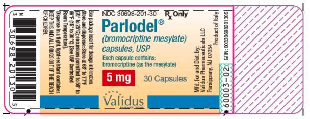 PRINCIPAL DISPLAY PANEL NDC 30698-201-30 Parlodel® (bromocriptine mesylate) capsules, USP 5 mg 30 Capsules Rx Only 