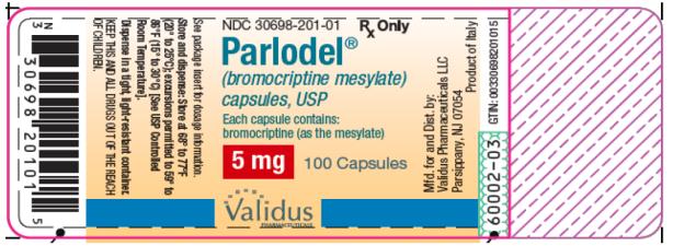 PRINCIPAL DISPLAY PANEL NDC 30698-201-01 Parlodel® (bromocriptine mesylate) capsules, USP 5 mg 100 Capsules Rx Only 