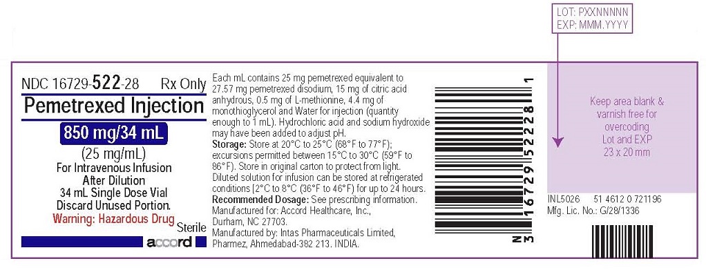PACKAGE LABEL – Pemetrexed Injection 850 mg/34 mL single-dose vial