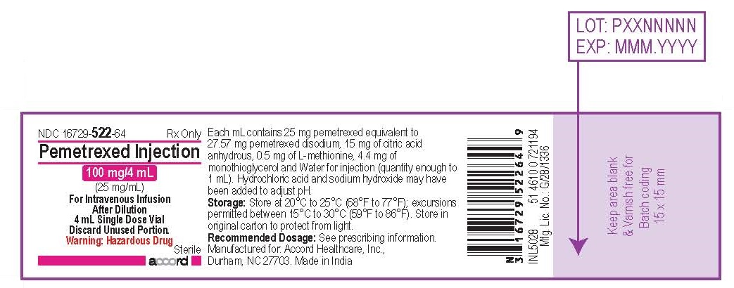 PACKAGE Label – Pemetrexed Injection 100 mg/4 mL single-dose vial