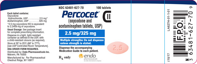 Image of the Percocet (oxycodone and acetaminophen tablets, USP) 2.5 mg/325 mg 100ct label.