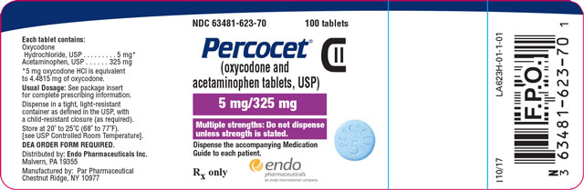 Image of the Percocet (oxycodone and acetaminophen tablets, USP) 5 mg/325 mg 100ct label.