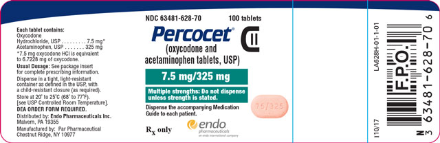 Image of the Percocet (oxycodone and acetaminophen tablets, USP) 7.5 mg/325 mg 100ct label.