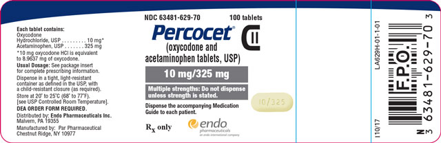 Image of the Percocet (oxycodone and acetaminophen tablets, USP) 10 mg/325 mg 100ct label.