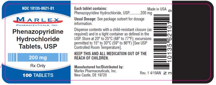 NDC 10135-0621-01
Phenazopyridine
Hydrochloride
Tablets, USP
200 mg
Rx Only
100 TABLETS
