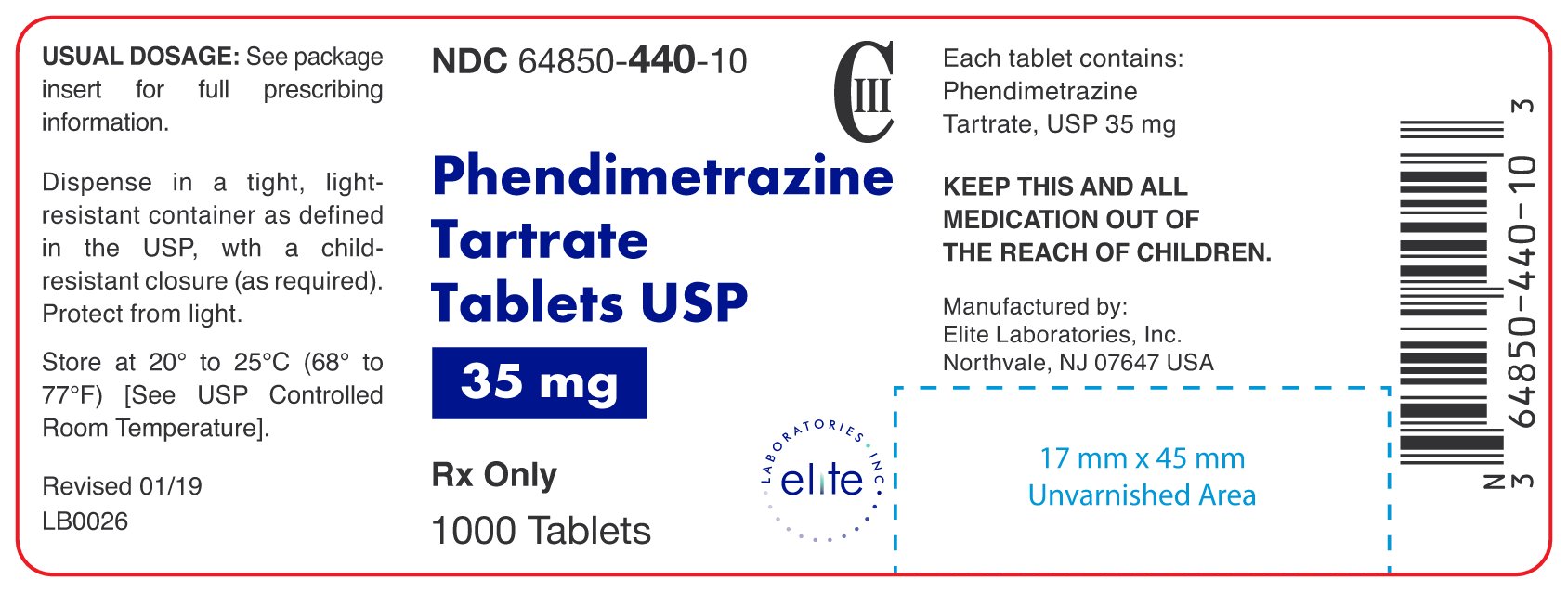 Elite Phendimetrazine Tartrate Tabs- 1000ct Container Label
