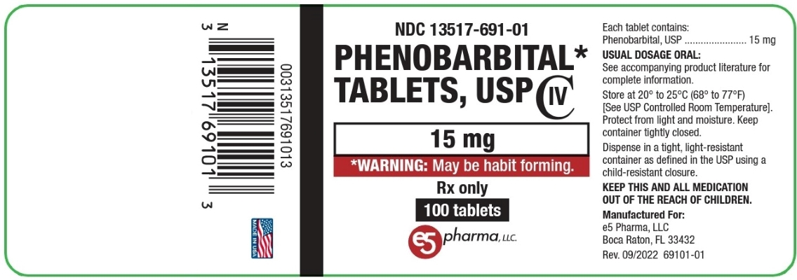 This is an image of the label for Phenobarbital Tablets, USP 15 mg 100 count.