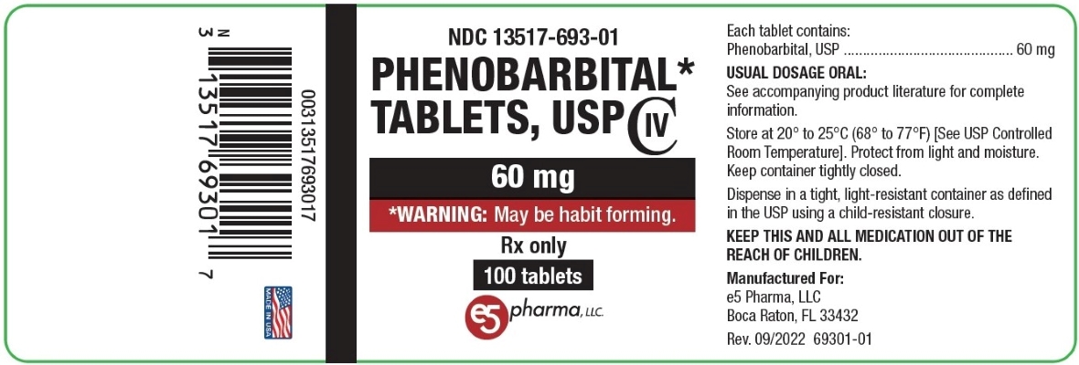 This is an image of the label for Phenobarbital Tablets, USP 60 mg 100 count.