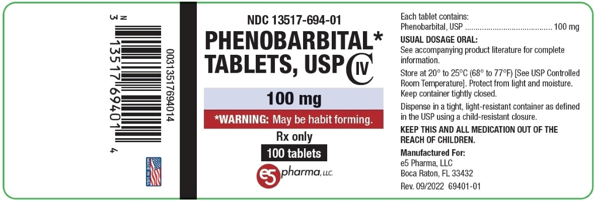 This is an image of the label for Phenobarbital Tablets, USP 100 mg 100 count.