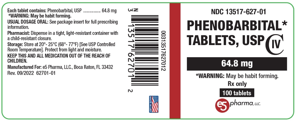 This is an image of the label for Phenobarbital Tablets, USP 64.8 mg 100 count.