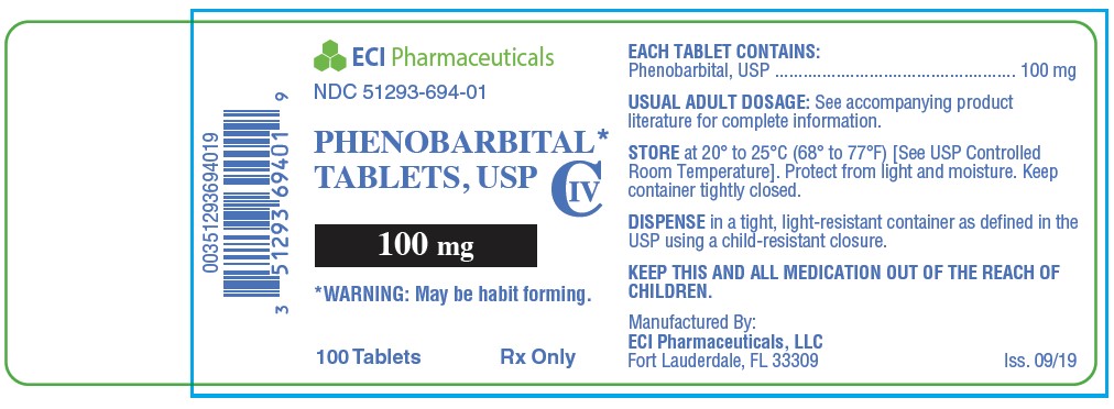This is an image of the label for Phenobarbital Tablets, USP 100 mg 100 count.