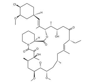 The Structural formula of pimecrolimus is (1R,9S,12S,13R,14S,17R,18E,21S,23S,24R,25S,27R)-12-[(1E)-2-{(1R,3R,4S)-4-chloro-3-methoxycyclohexyl}-1-methylvinyl]-17-ethyl-1,14-dihydroxy-23,25-dimethoxy-13