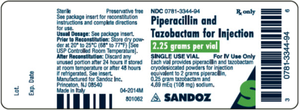PACKAGE LABEL - PRINCIPAL DISPLAY PANEL NDC 0781-3344-94 Piperacillin and Tazobactam for Injection 2.25 grams per vial