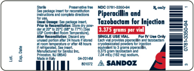 PACKAGE LABEL - PRINCIPAL DISPLAY PANEL NDC 0781-3350-94 Piperacillin and Tazobactam for Injection 3.375 grams per vial