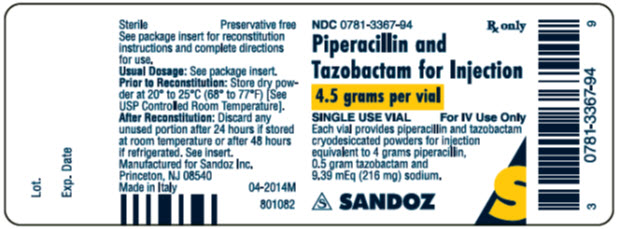 PACKAGE LABEL - PRINCIPAL DISPLAY PANEL NDC 0781-3367-94 Piperacillin and Tazobactam for Injection 4.5 grams per vial