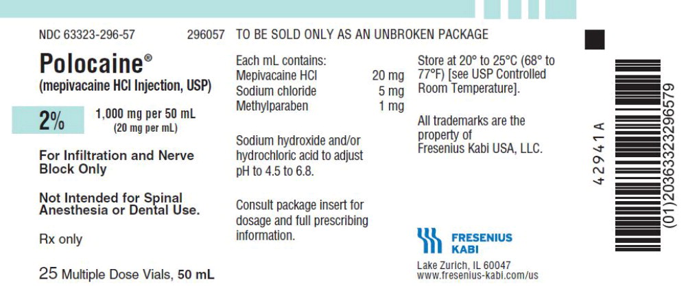 PACKAGE LABEL - PRINCIPAL DISPLAY - Polocaine 50 mL Multiple Dose Vial Tray Label NDC 63323-296-57
